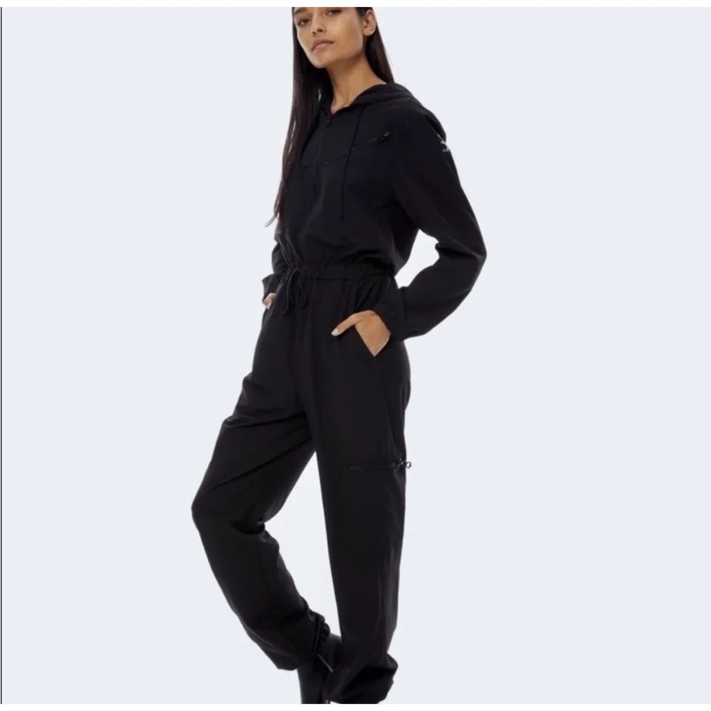 BIOROMPER black hooded jumpsuit black unisex Pockets Adjustable Waist.